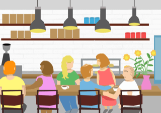 A cartoon showing a group of people sitting along a long cafe table. They are drinking from cafe cups and talking.